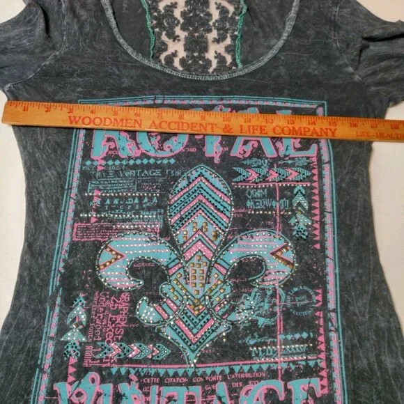 Vintage Y2K Buckle Daytrip Shirt Large Fleur Dis Lis Long Sleeve Lace Studded - Picture 8 of 16